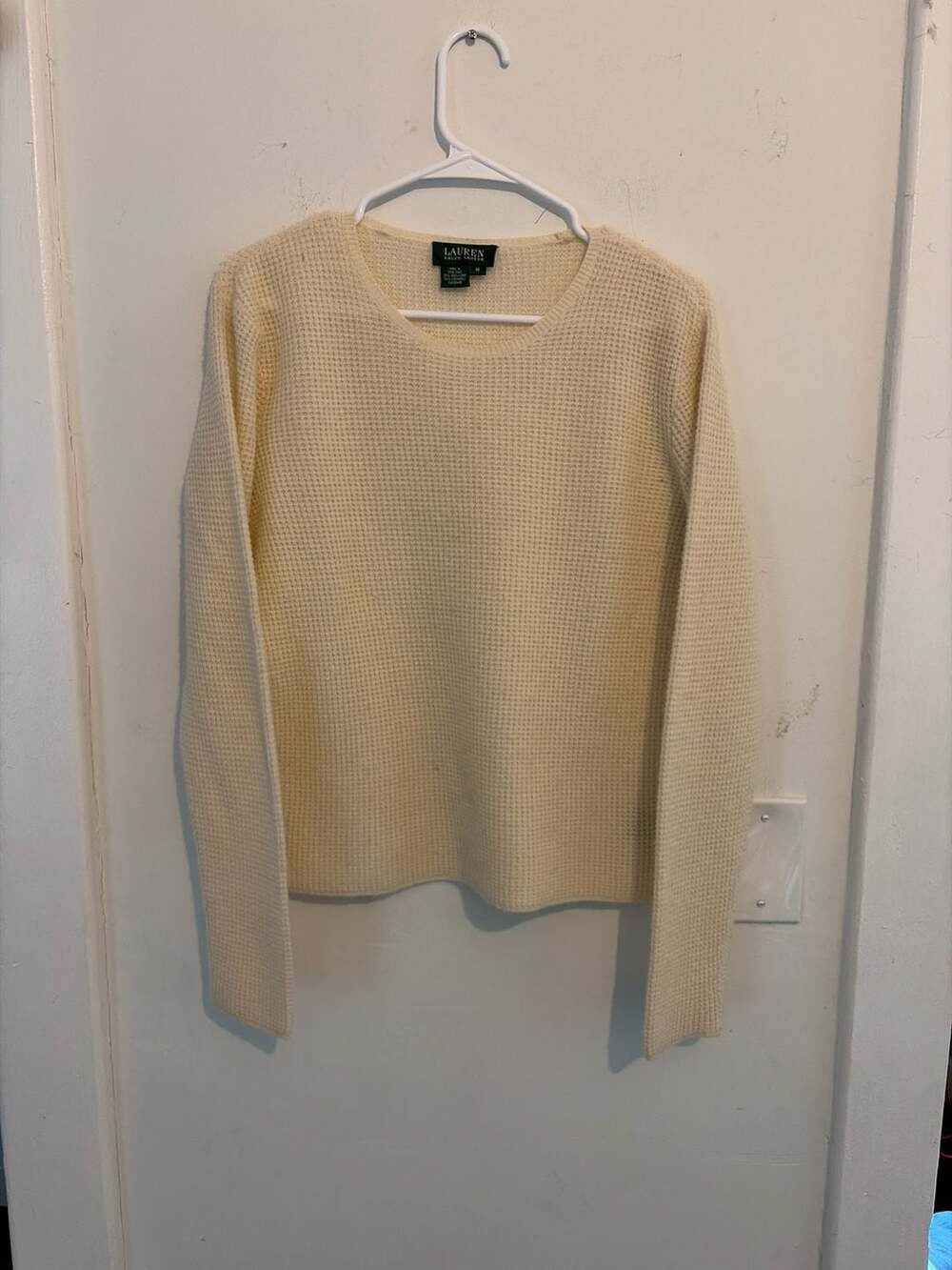 Lauren Ralph Lauren Cream Waffle Knit Wool Cashmere Blend Crewneck Sweater